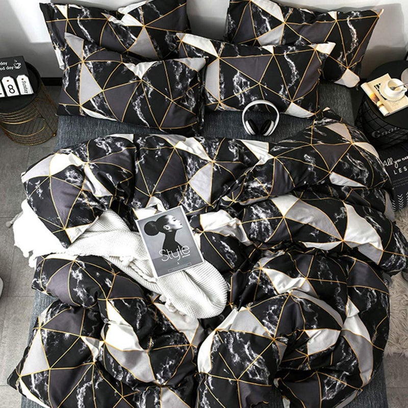 CLOTHKNOW Black White Marble King Size Comforter Set 3Pcs Triangle Plaid Bedding Comforter Set All Season Geometric Comforter - Image 4